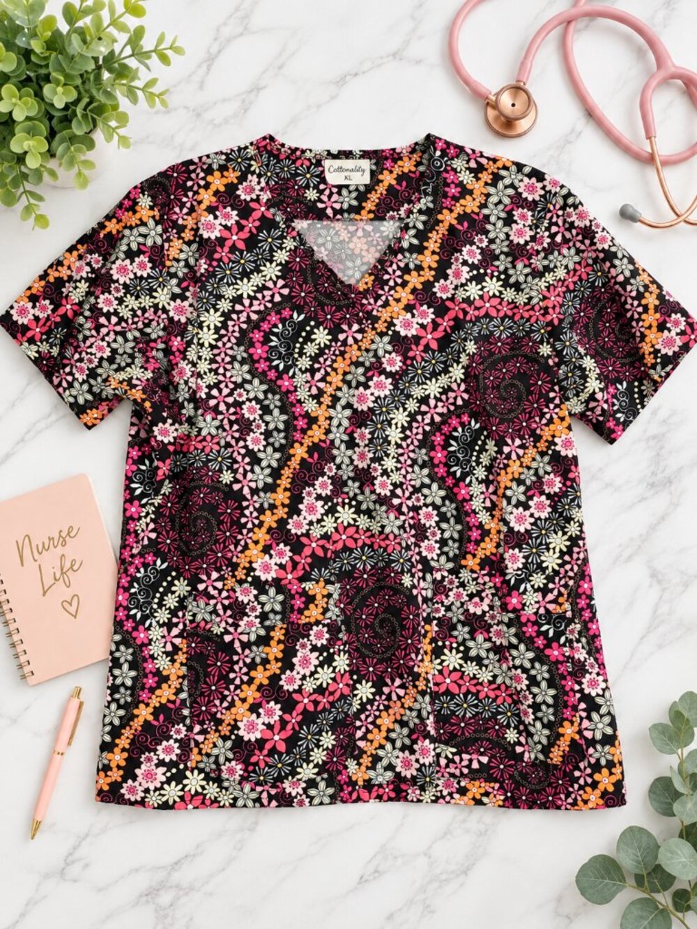Cottonality XL Floral Scrub Top Black Pink V-Neck Nursing Medical